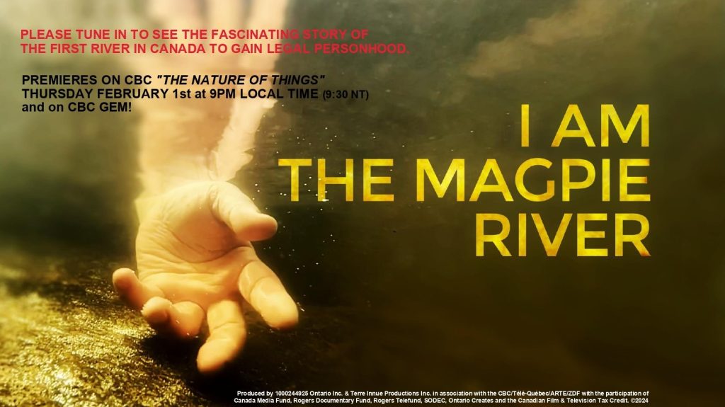 Poster of the nature of things, a hand inside the water and a yellow heading with the sentence I am The Magpie River