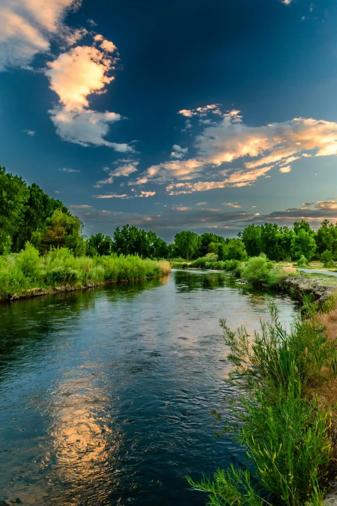 River blue sky vertical view